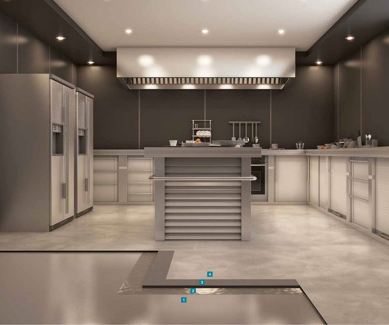 Application of resin floorings inside kitchens