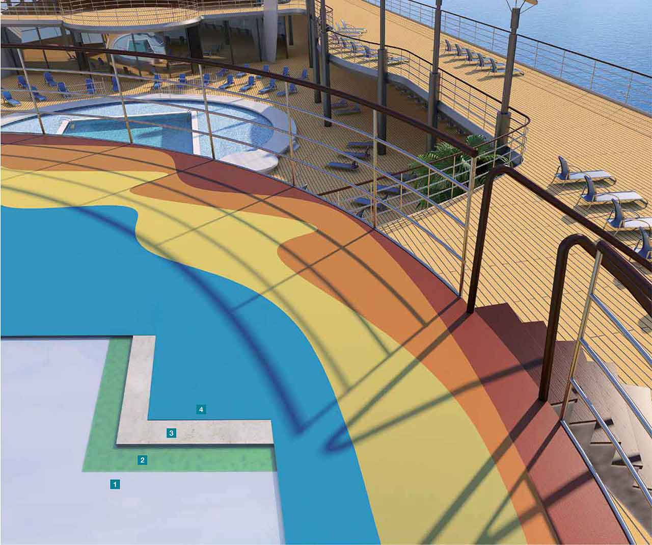 Application of resin floorings on open decks